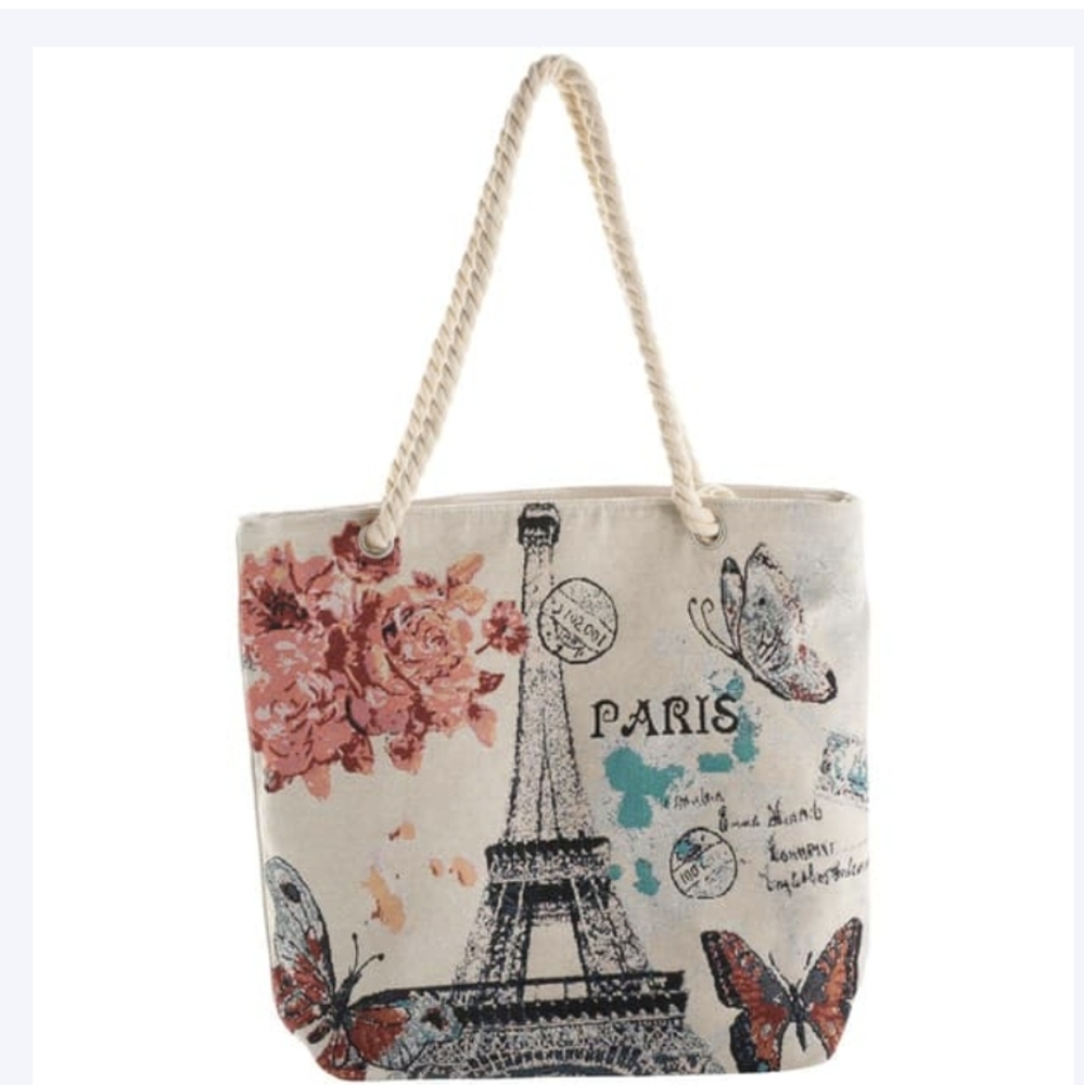 Paris Zip Top Canvas Tote W/ Rope Handles NWT